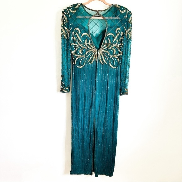 Laurence Kazar Teal Beaded Silk Vintage Formal Evening Dress sz Small - Picture 13 of 16
